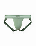 A sleek sage green 2eros u90 athena athletic brief with matching waistband and two thin white stripes