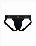 Black 2eros u91 adonis jockstrap underwear in black with gold trim and logo for supportive athletic wear