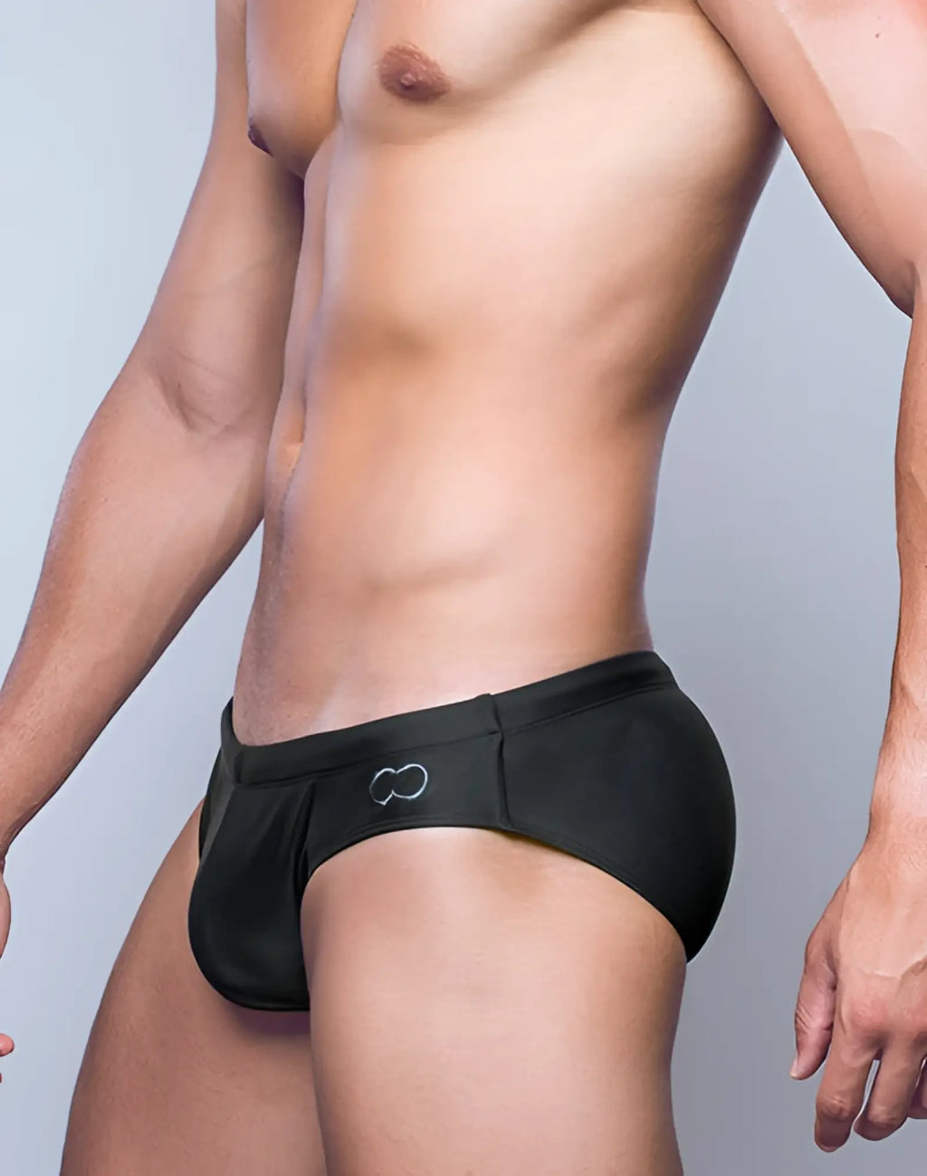 Black 2EROS V10 Core swim trunks in midnight grey with a subtle white infinity logo on the side for swimwear use