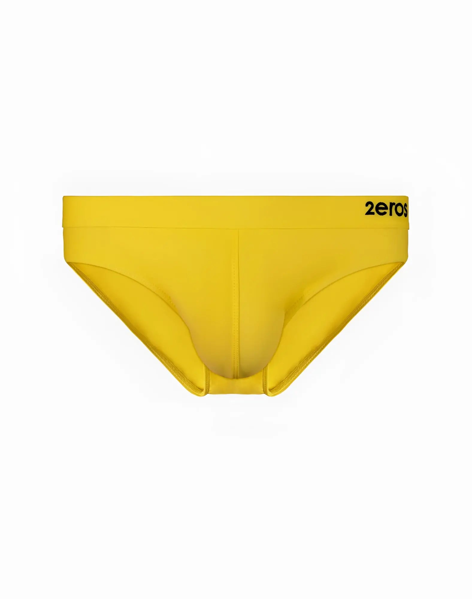 Bright yellow 2EROS V10 Encore neon yellow swim briefs with black 2eros logo on waistband for men