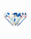 2EROS V10 print swim brief insignia turquoise with blue white and red geometric pattern and matching blue drawstring