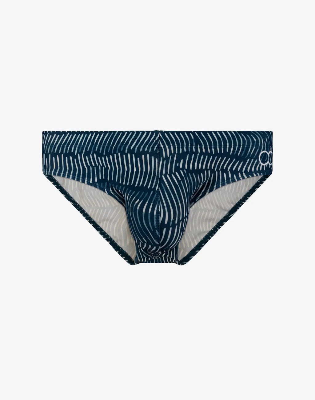 2eros V10 print swim brief in naiad navy dark blue with white wavy line pattern and light gray interior lining