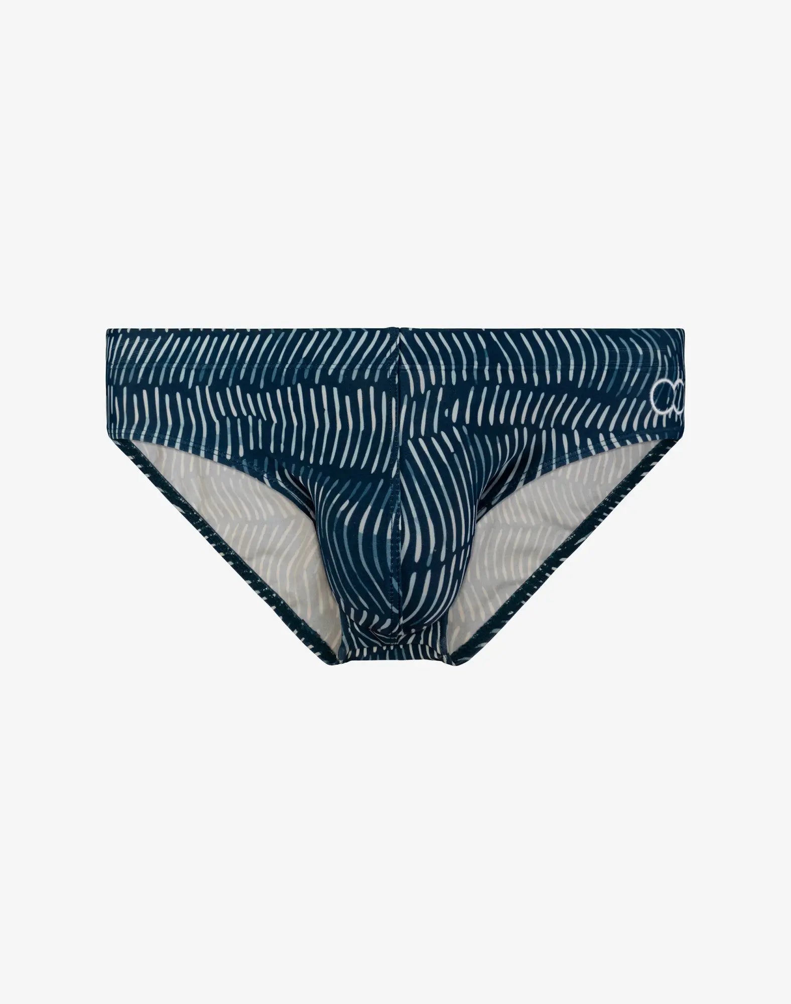 2eros V10 print swim brief in naiad navy dark blue with white wavy line pattern and light gray interior lining
