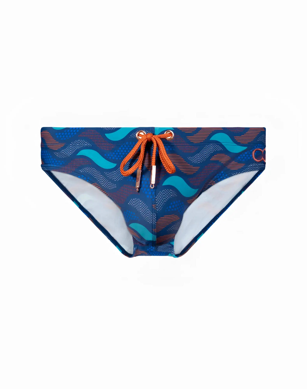 2EROS V10 print swim brief in ocean blue with blue teal wave patterns and orange drawstring ties for swimming
