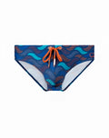 2EROS V10 print swim brief in ocean blue with blue teal wave patterns and orange drawstring ties for swimming