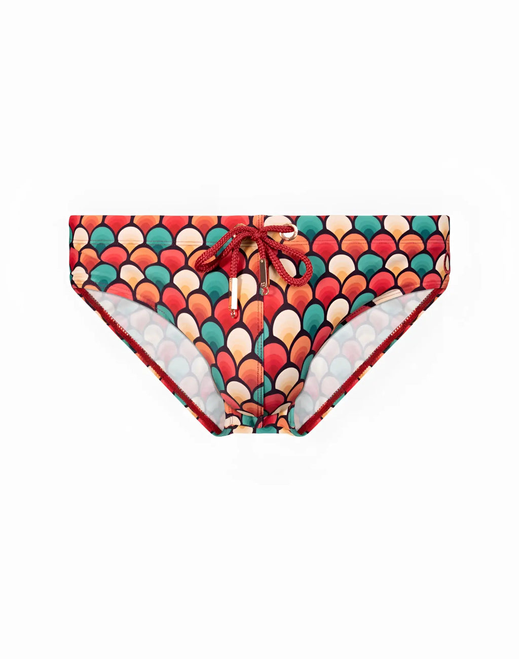 2eros v10 print swim brief in retro red featuring vibrant red teal and orange scale-patterned fabric with drawstring tie
