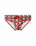 2eros v10 print swim brief in retro red featuring vibrant red teal and orange scale-patterned fabric with drawstring tie