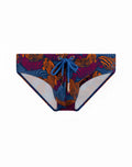 2EROS V10 print swim brief stallion navy with vibrant tiger-print in bold orange purple and blue with blue drawstring