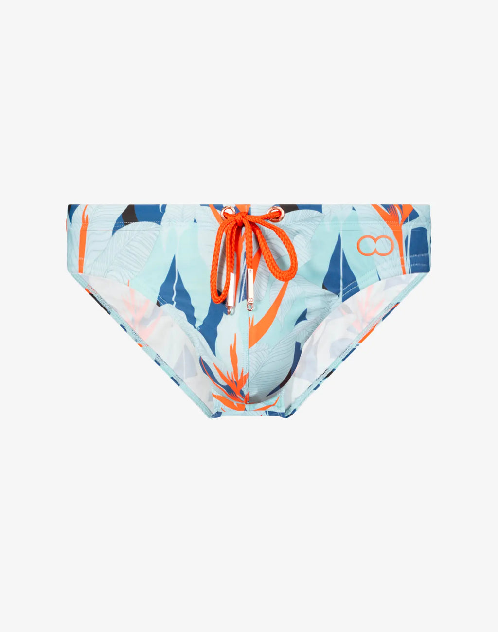 Light blue 2EROS V10 print swim trunks with vibrant tropical orange and navy accents and an orange drawstring