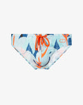 Light blue 2EROS V10 print swim trunks with vibrant tropical orange and navy accents and an orange drawstring