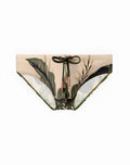 Beige 2eros v10 print swim trunks with tropical leaf print and green drawstring ties for beachwear