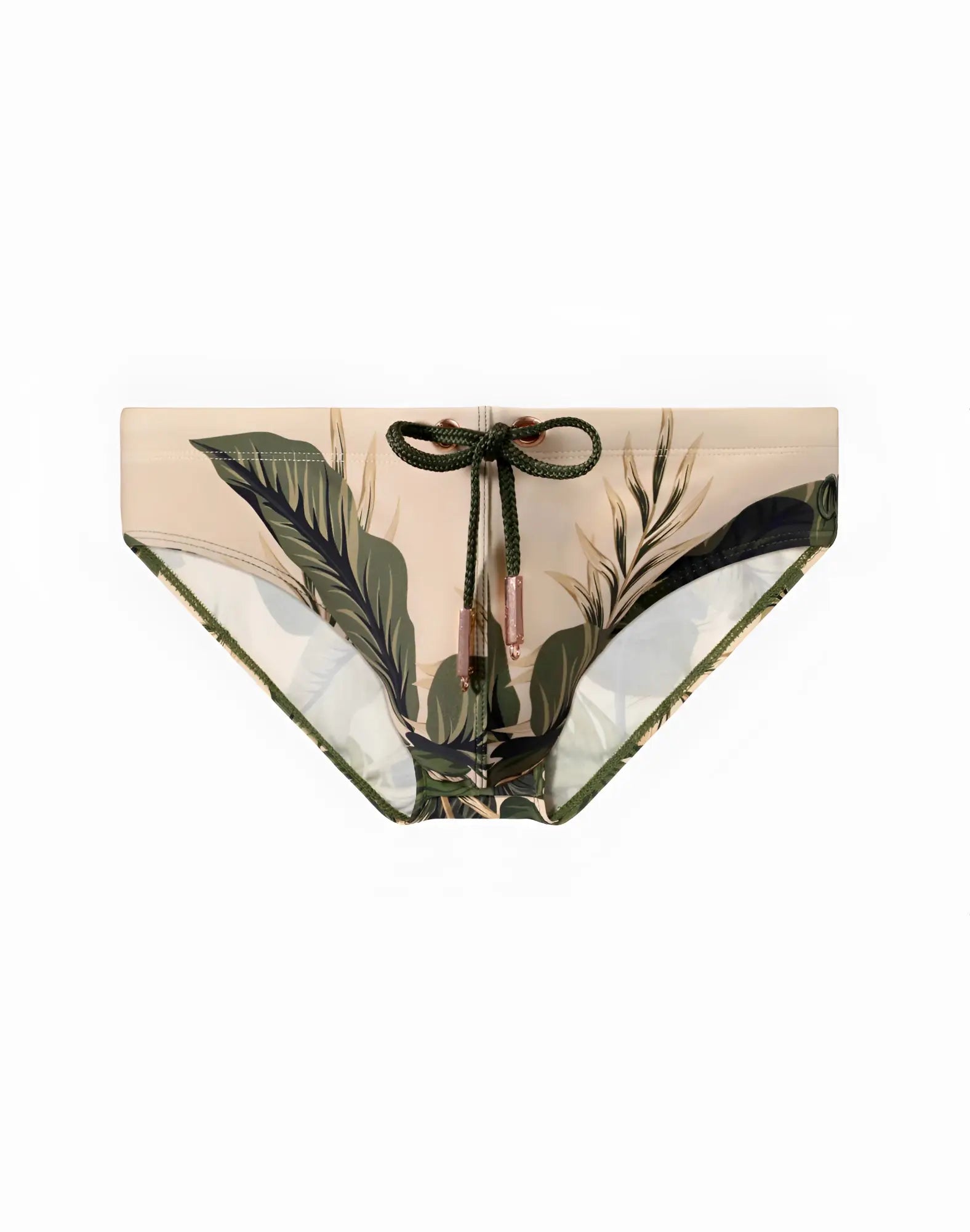 Beige 2eros v10 print swim trunks with tropical leaf print and green drawstring ties for beachwear