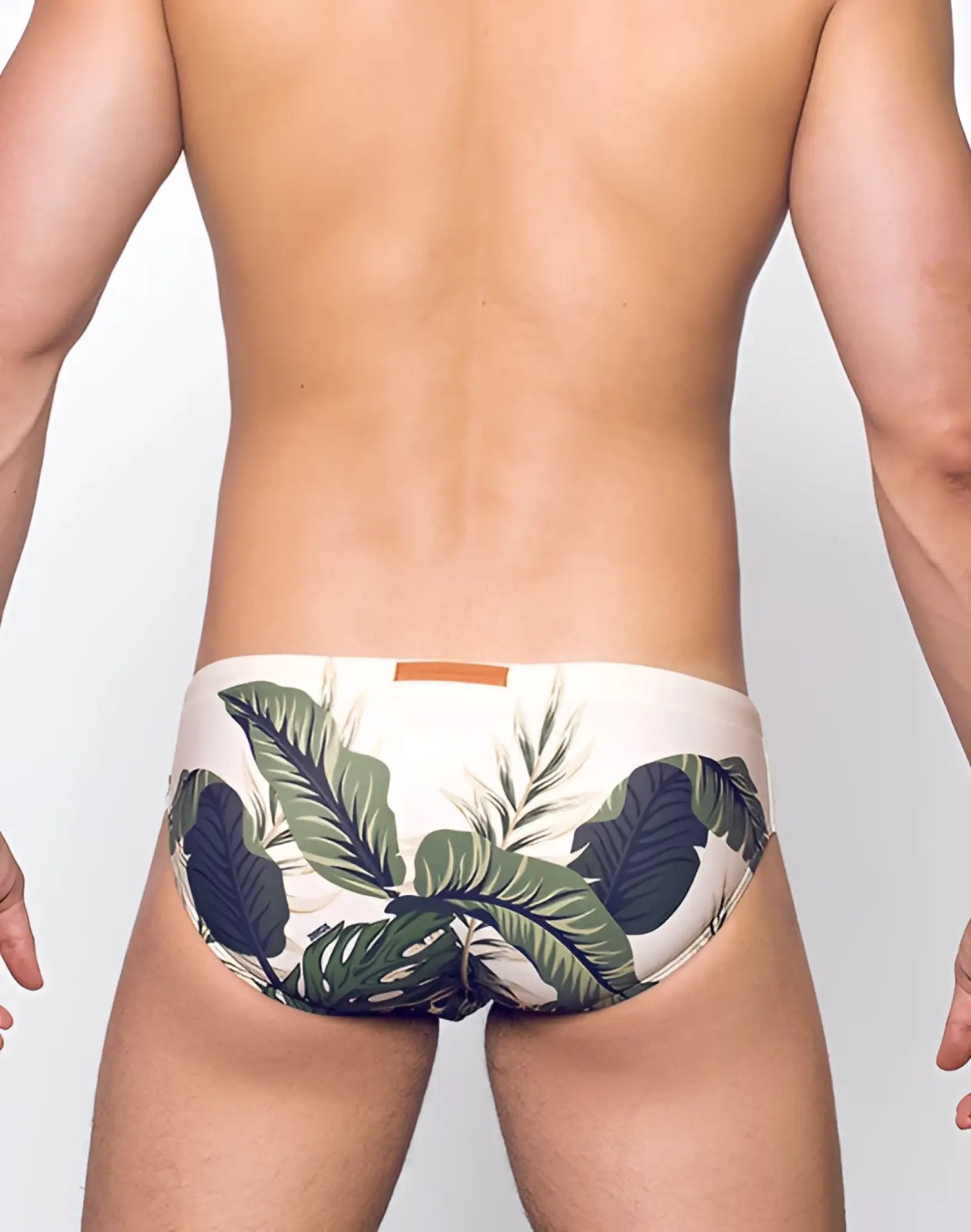 White briefs 2eros v10 print swim with tropical green and dark blue leaf pattern designed for swimwear use