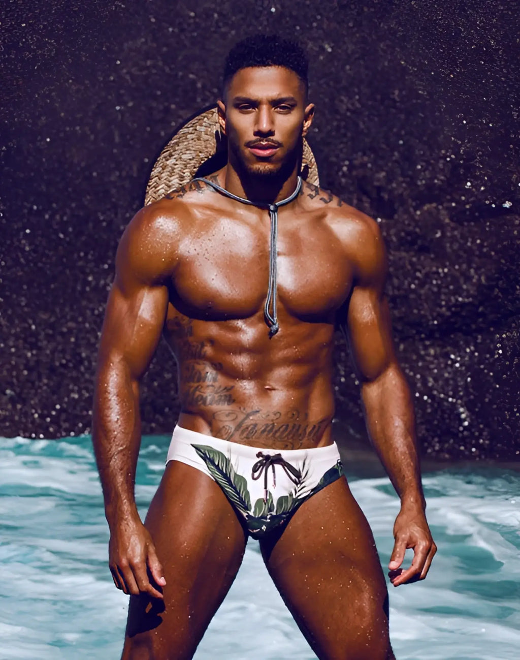 White 2EROS V10 print swim trunks with green leaf pattern and black drawstring designed for swimming and beachwear