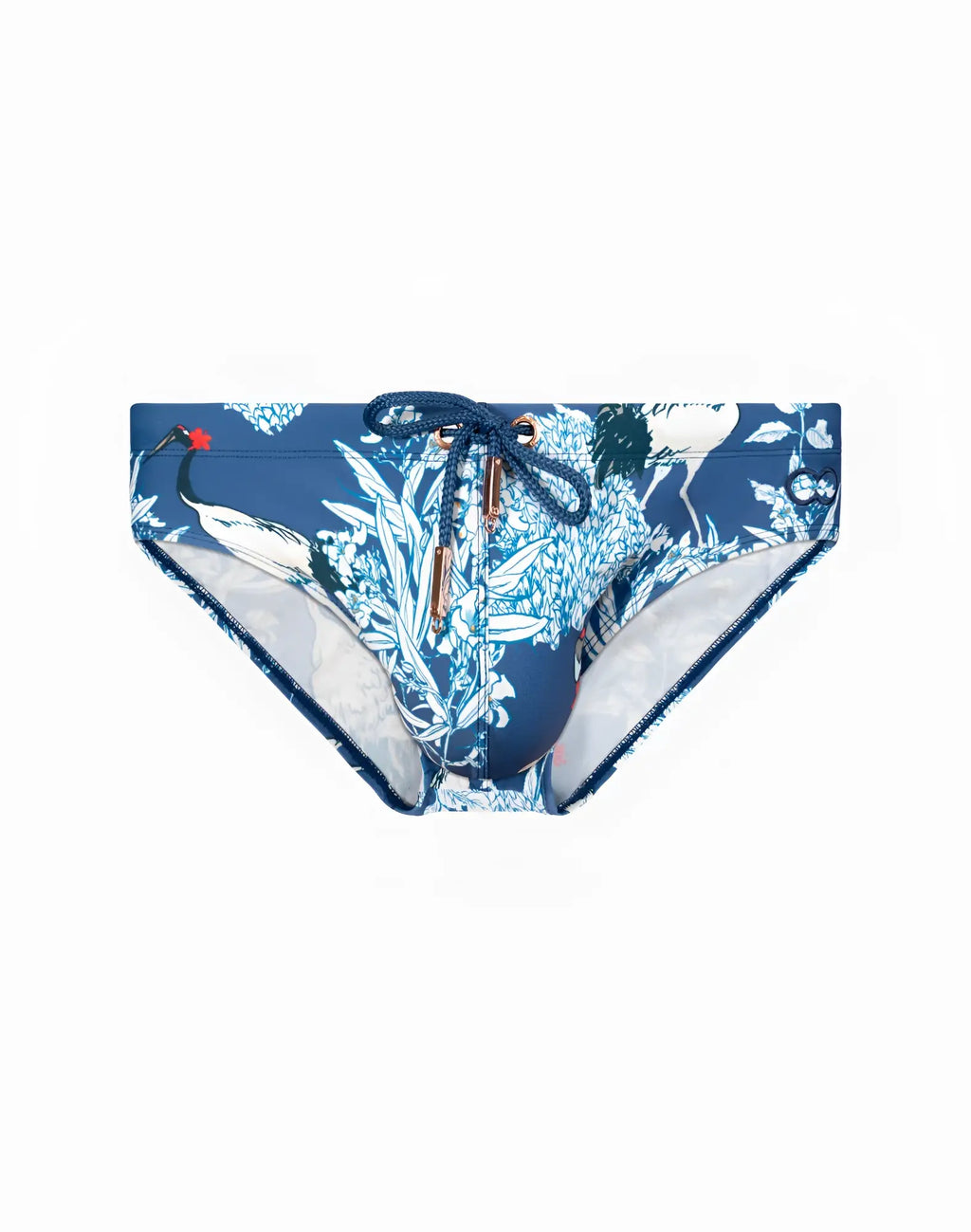 Blue 2eros v10 print swim trunks with white crane floral pattern navy drawstrings and gold-toned hardware