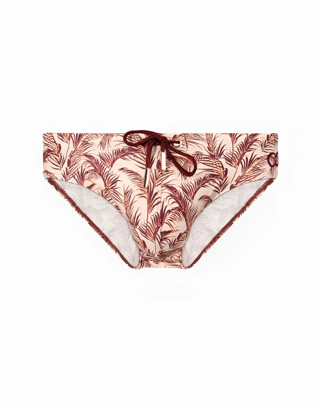 Beige 2EROS V10 print swim trunks with maroon palm leaf pattern and matching drawstring waistband for beachwear