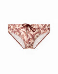 Beige 2EROS V10 print swim trunks with maroon palm leaf pattern and matching drawstring waistband for beachwear