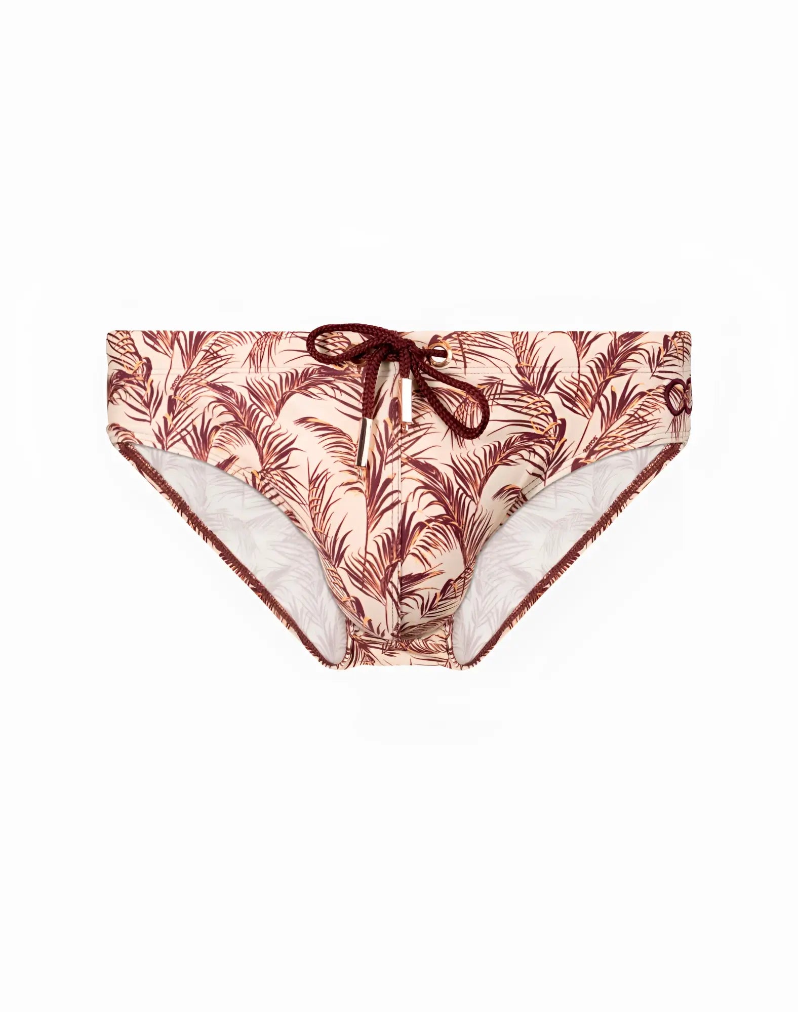 Beige 2EROS V10 print swim trunks with maroon palm leaf pattern and matching drawstring waistband for beachwear