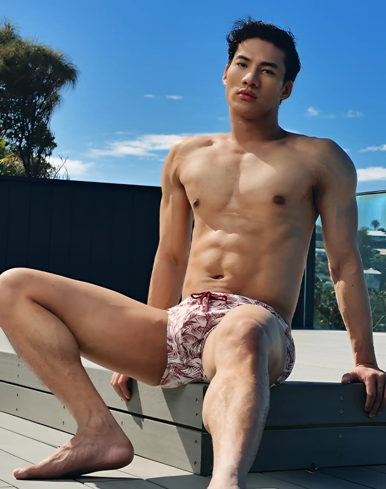 Men’s 2eros v10 print swim trunks with red and white pastel hawaii pattern designed for swimming and beachwear