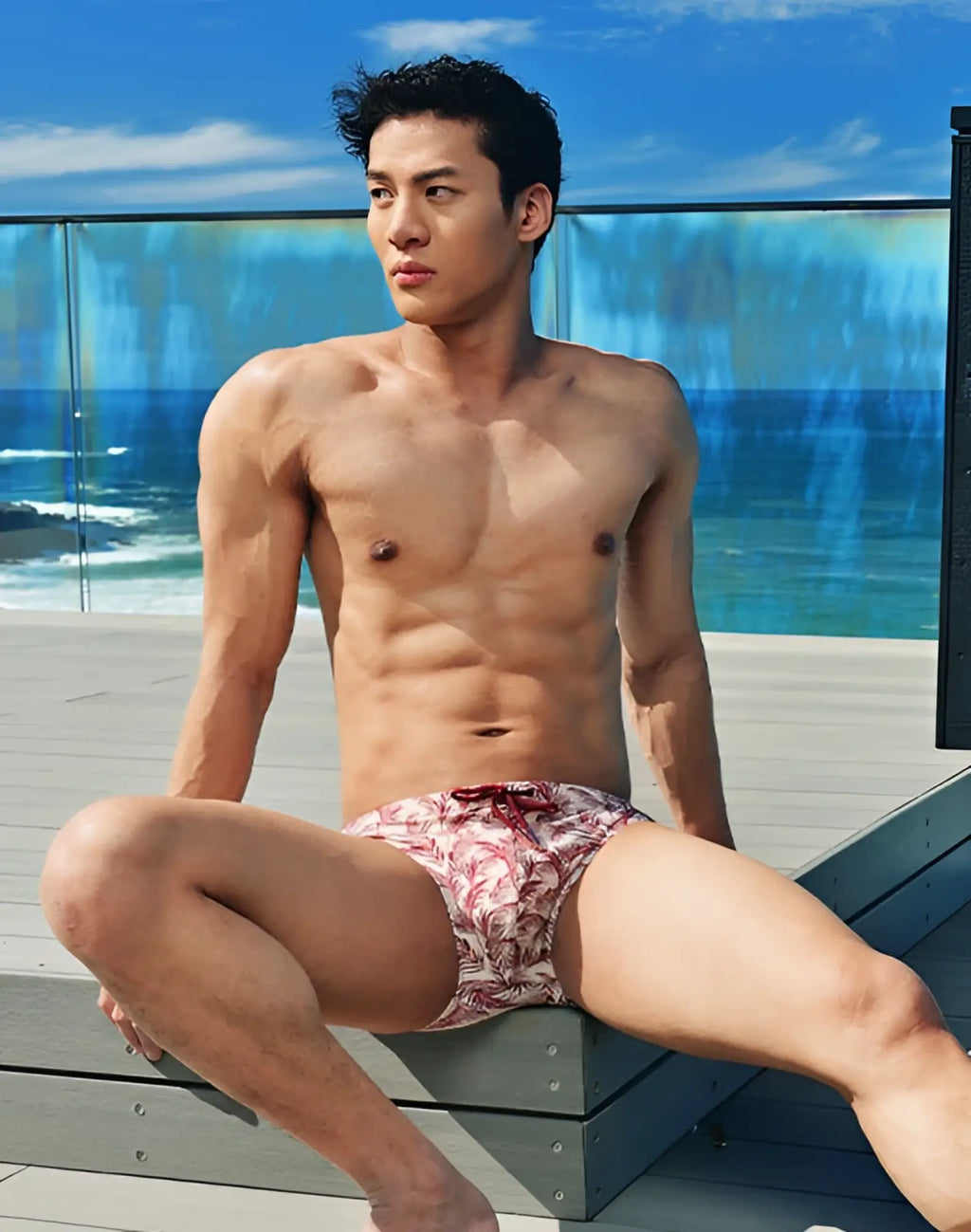 Red and white patterned 2EROS V10 print swim trunks with tropical leaf design for pastel Hawaii summer wear