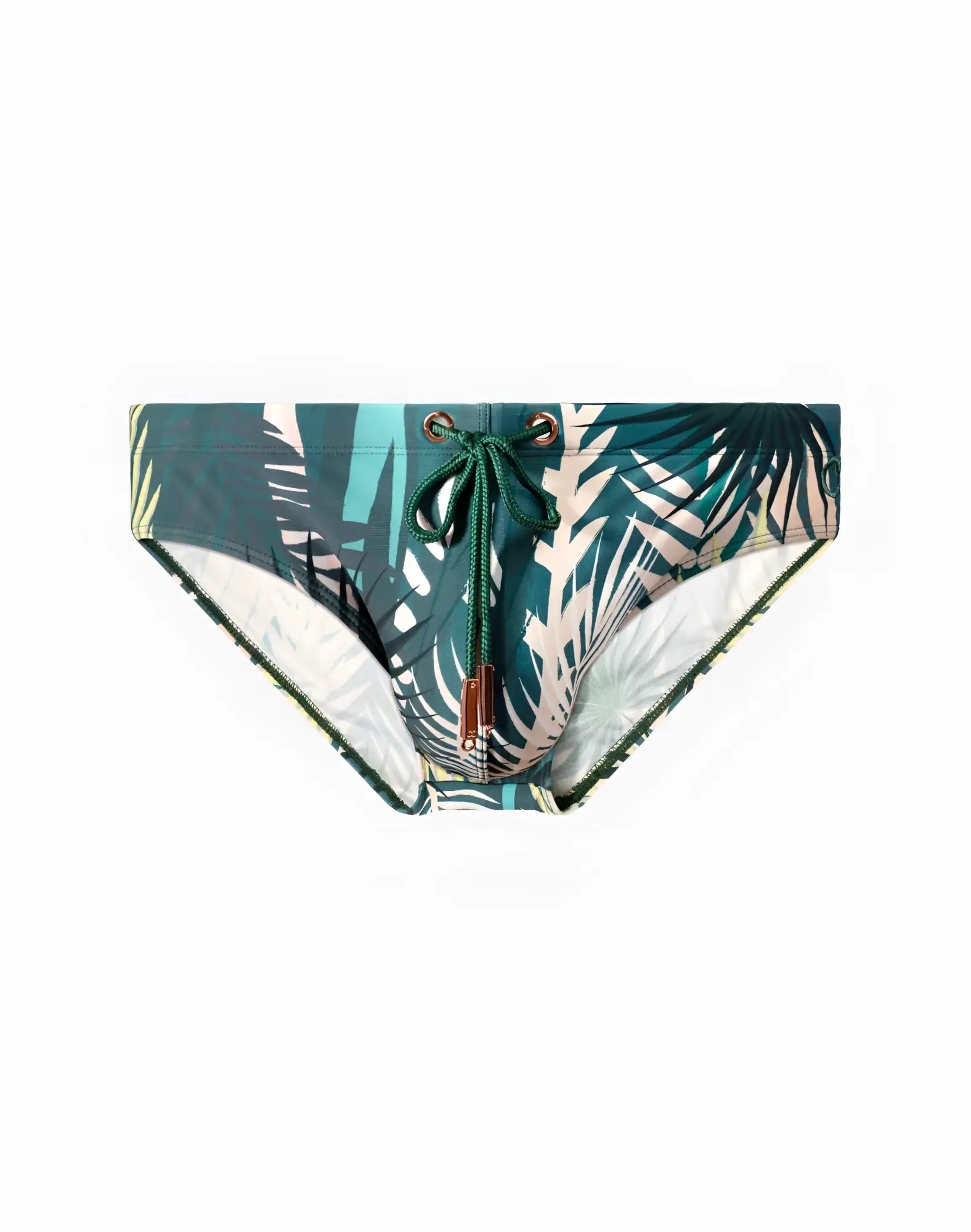 Teal and white tropical leaf patterned 2EROS V10 print swim trunks with green drawstring for swimwear use