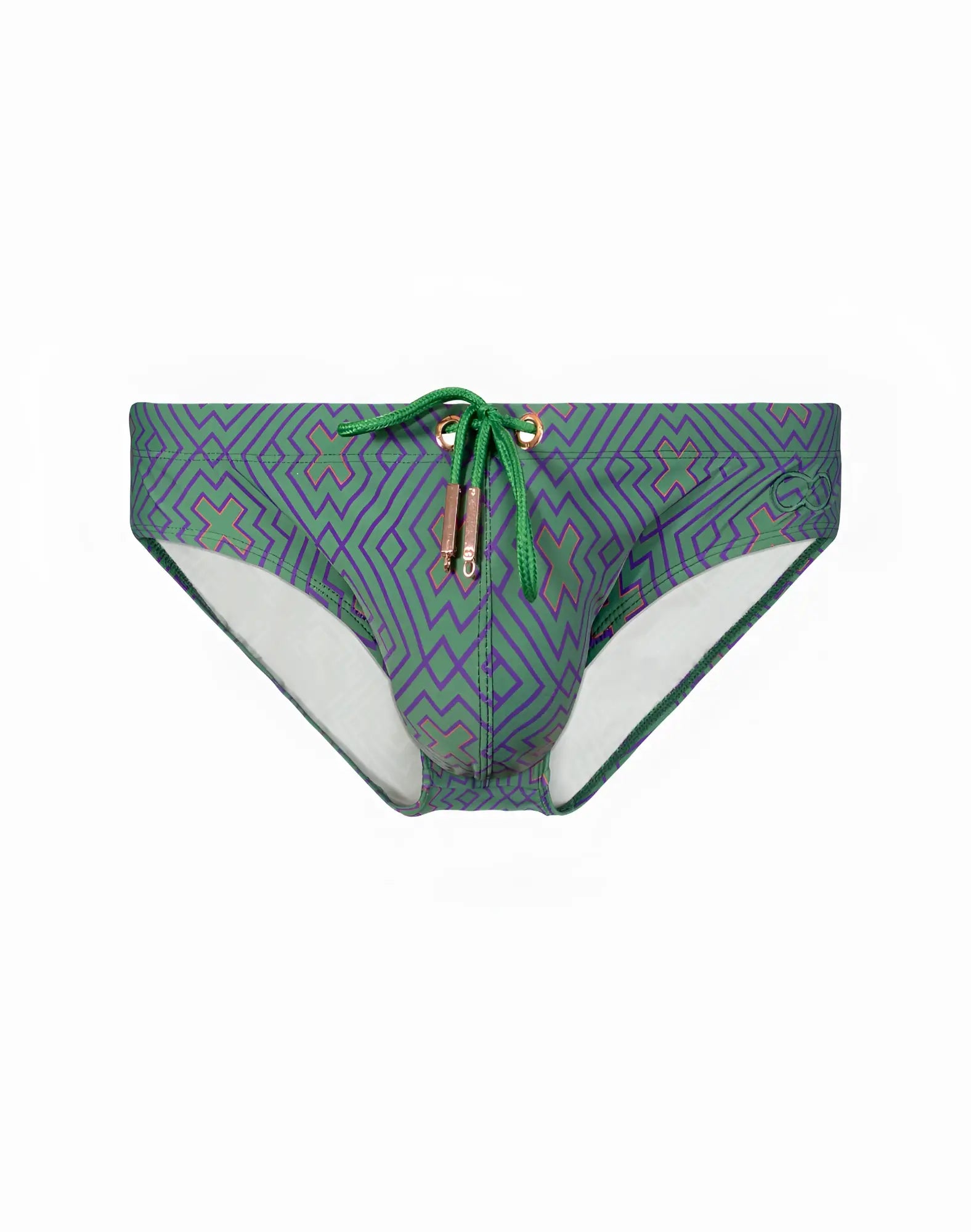 2eros v10 print swimwear jade green and purple geometric-patterned swim trunks with matching green drawstring