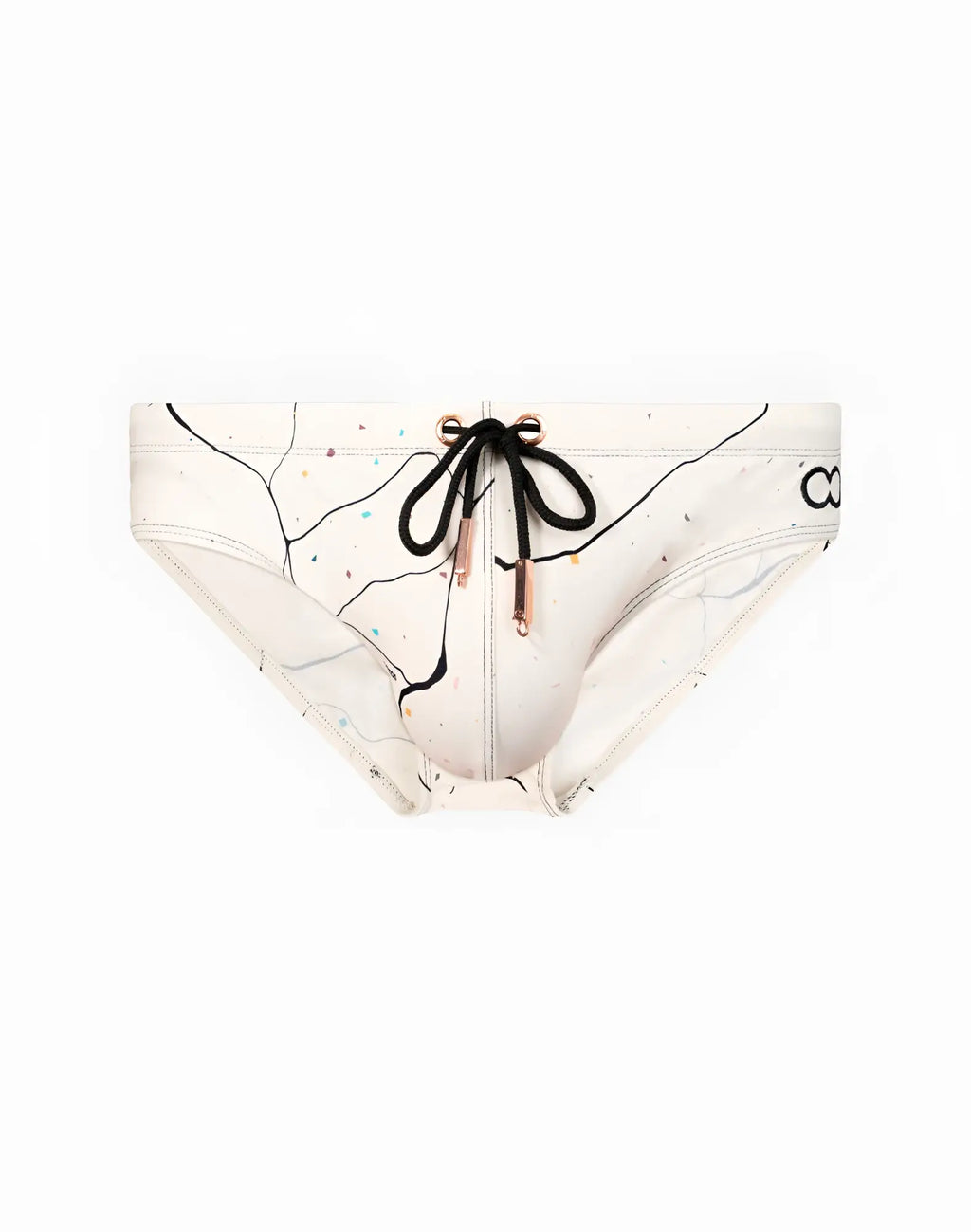 White 2EROS V10 print swim trunks with black abstract line art colorful speckles and black drawstring bow at front
