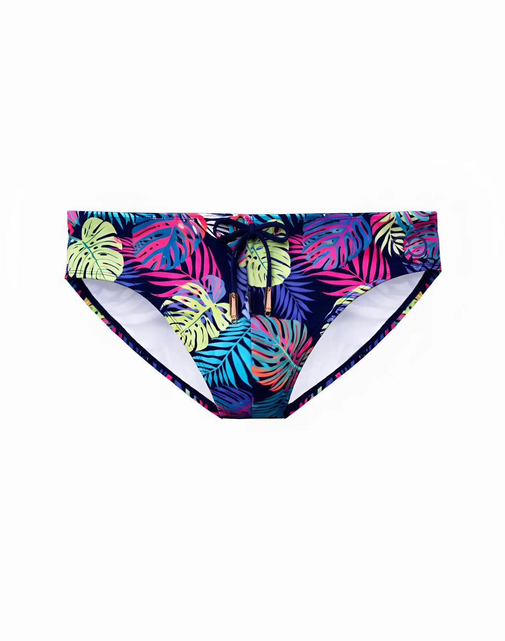 Vibrant tropical leaf patterned 2eros v10 print swim trunks in neon pink lime green and teal on navy with white lining