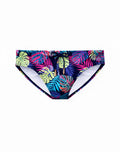 Vibrant tropical leaf patterned 2eros v10 print swim trunks in neon pink lime green and teal on navy with white lining