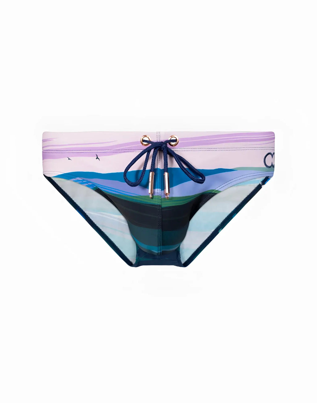 2eros v10 print swimwear nirvana mens swim trunks with vibrant abstract landscape print and navy drawstrings