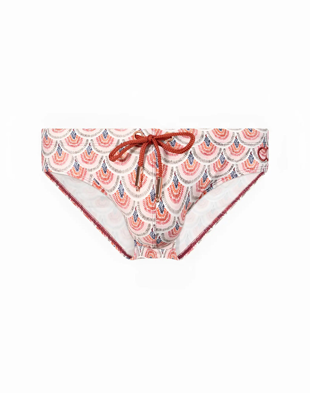 2eros v10 print swimwear shelby swim briefs with pink and blue scalloped pattern and rust colored drawstring