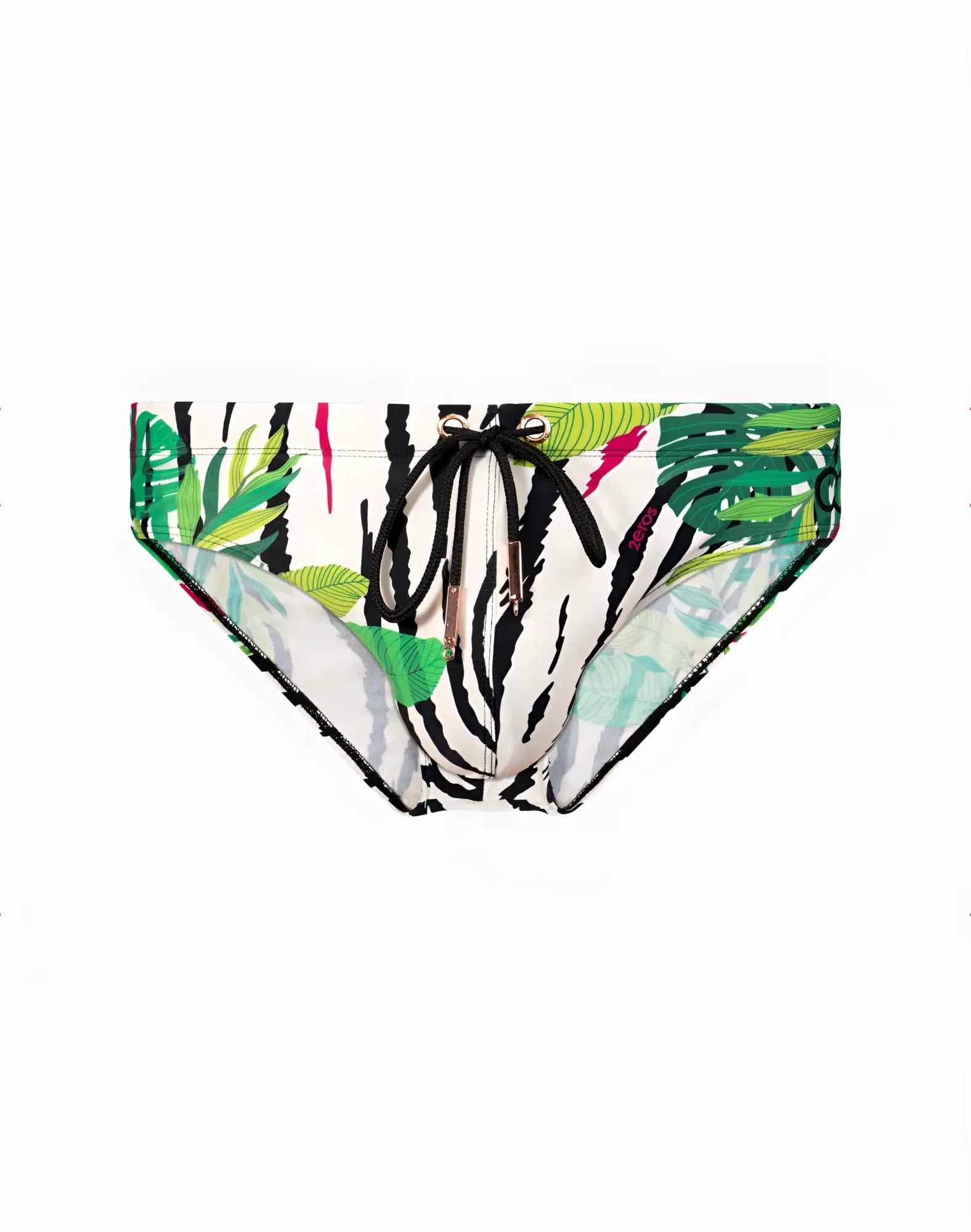 Vibrant tropical leaf and zebra-striped 2EROS V10 Print Siberian swim trunks with bold colorful pattern