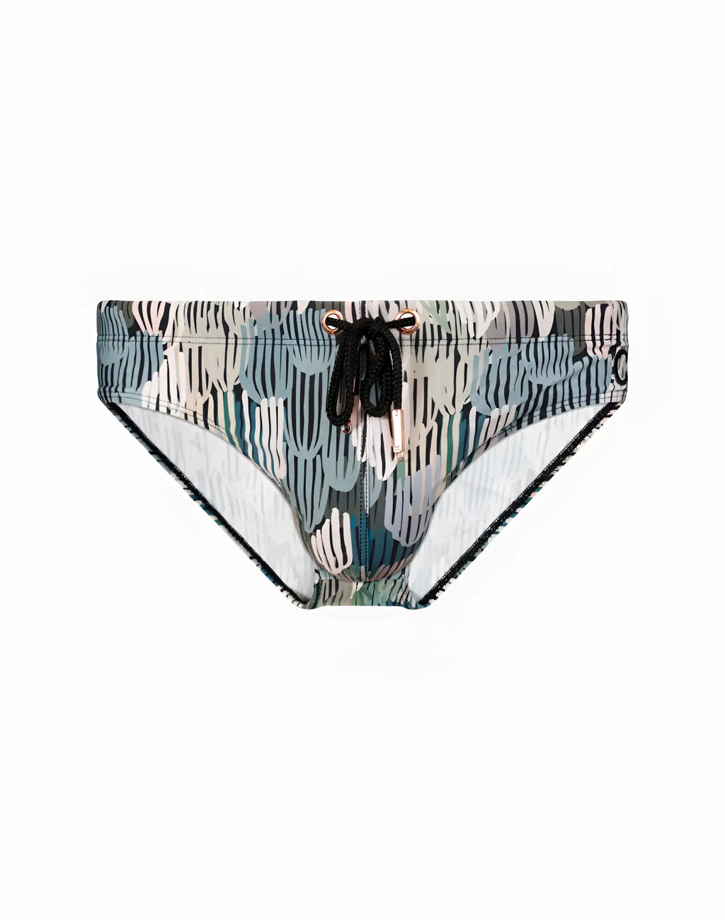 A pair of 2EROS V10 print swim trunks with bold teal gray and white abstract pattern and black drawstrings