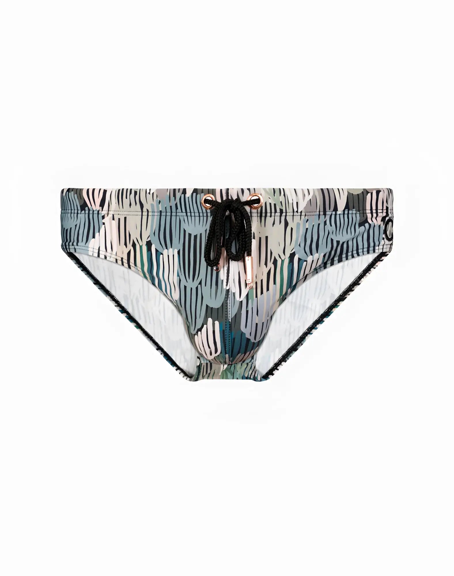 A pair of 2EROS V10 print swim trunks with bold teal gray and white abstract pattern and black drawstrings