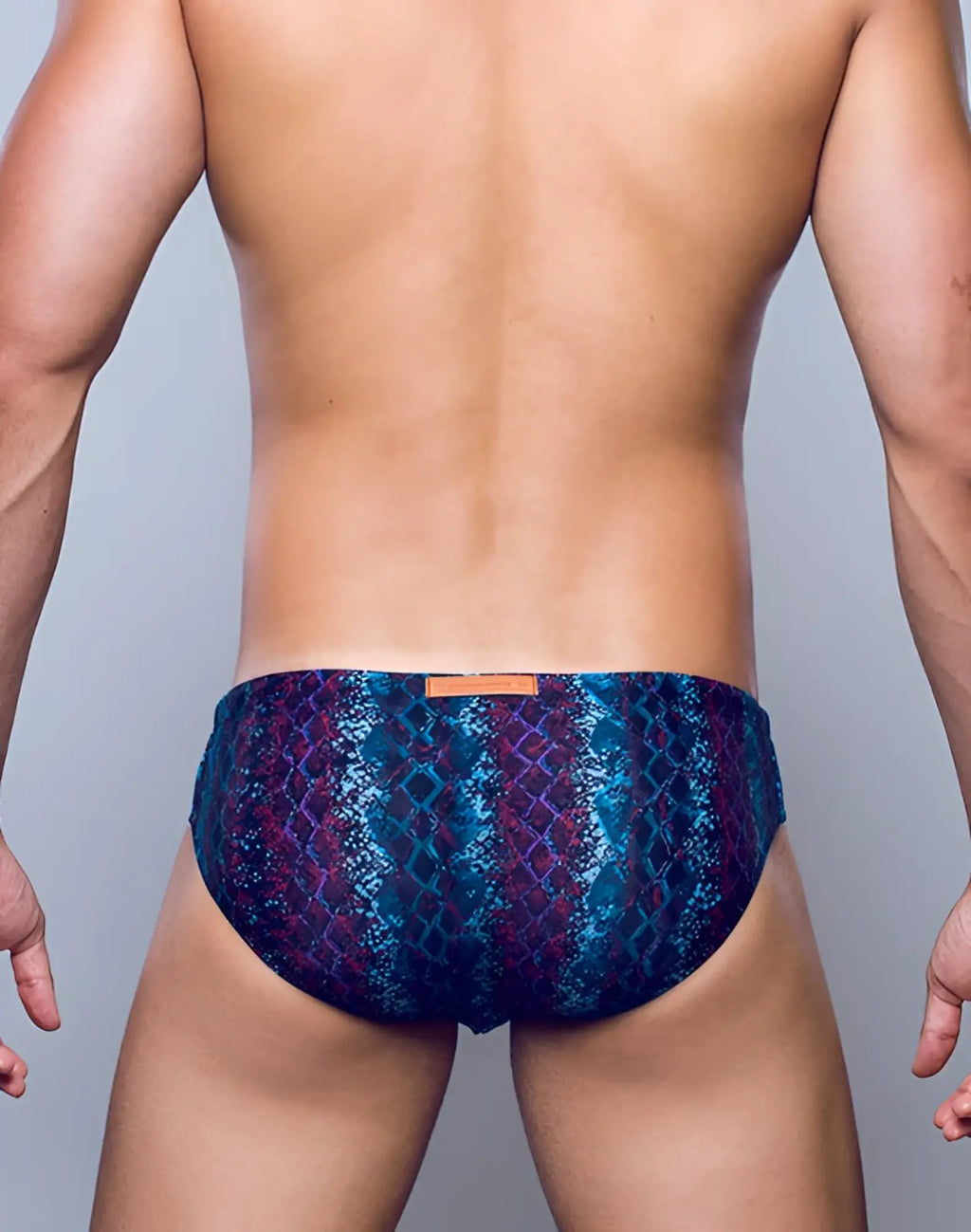 2erOS v10 print swimwear men’s briefs with blue and purple snakeskin pattern and small orange label on waistband