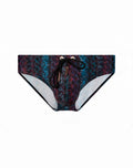 Dark blue and purple snake-scale patterned 2EROS V10 print swim trunks with black drawstring ties for swimwear use