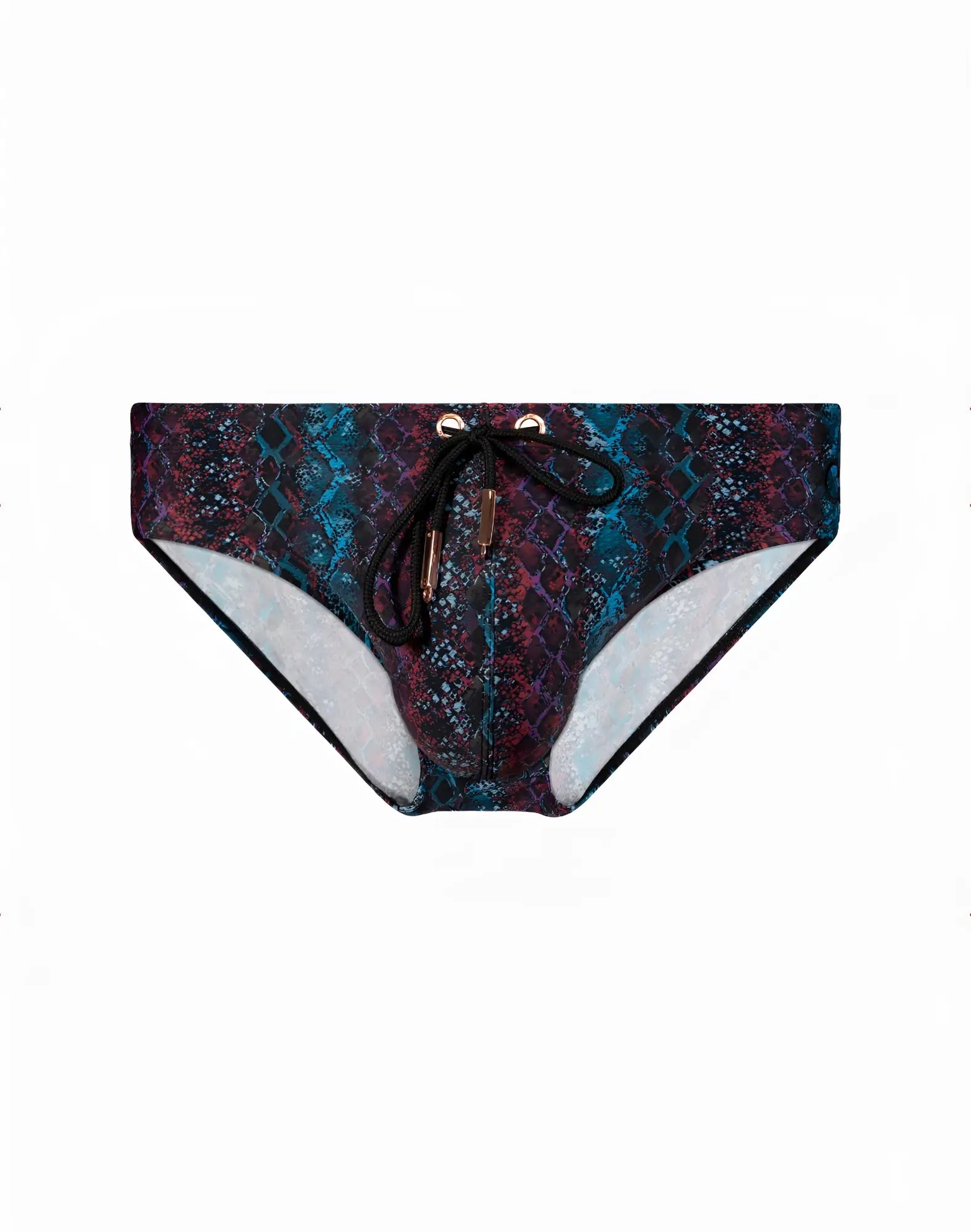 Dark blue and purple snake-scale patterned 2EROS V10 print swim trunks with black drawstring ties for swimwear use