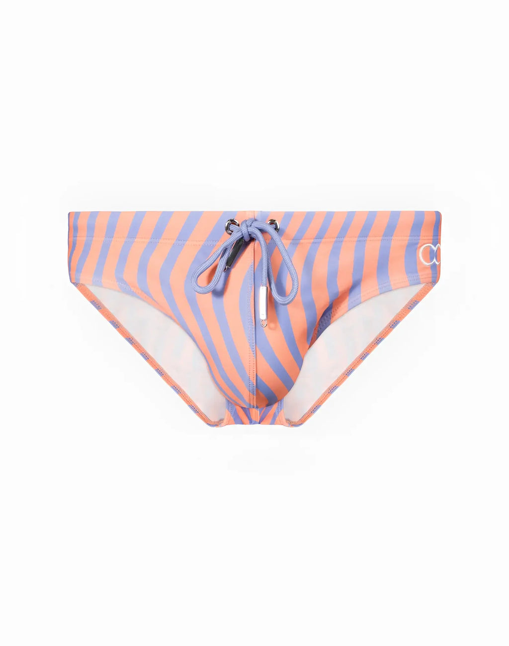 2EROS V10 printed swim brief in orange and lavender stripes with matching drawstring waistband for swimwear use