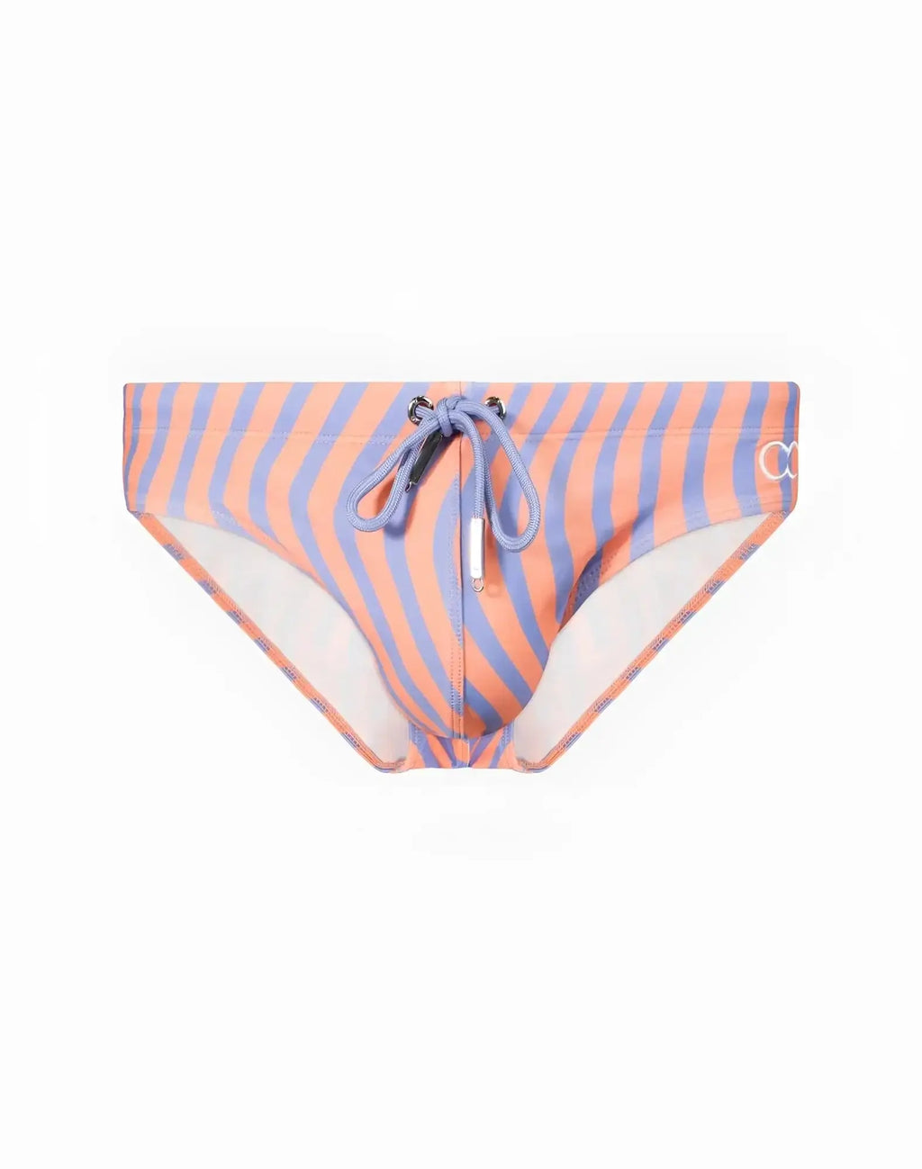 2EROS V10 printed swim brief in orange and lavender stripes with matching drawstring waistband for swimwear use