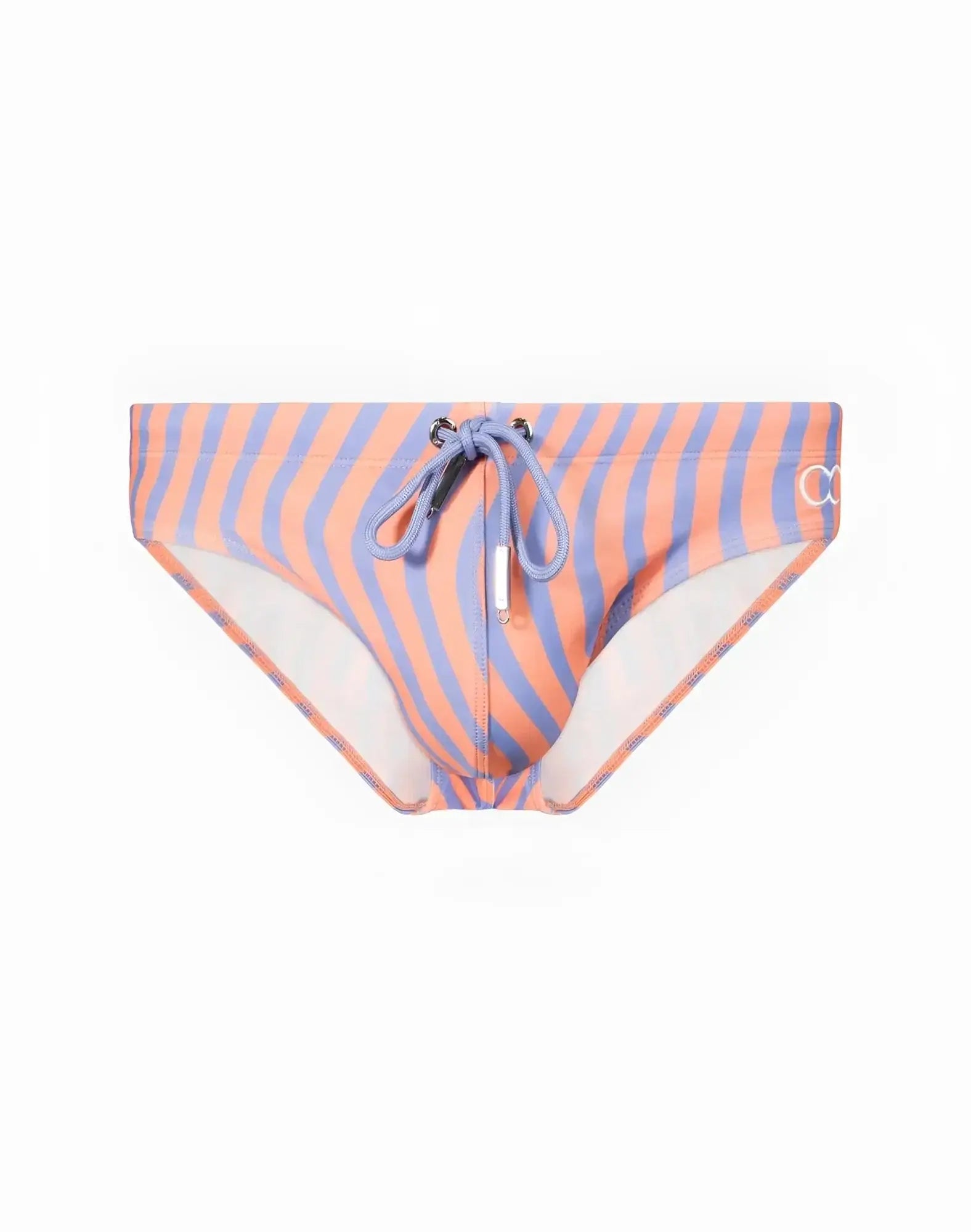 2EROS V10 printed swim brief in orange and lavender stripes with matching drawstring waistband for swimwear use