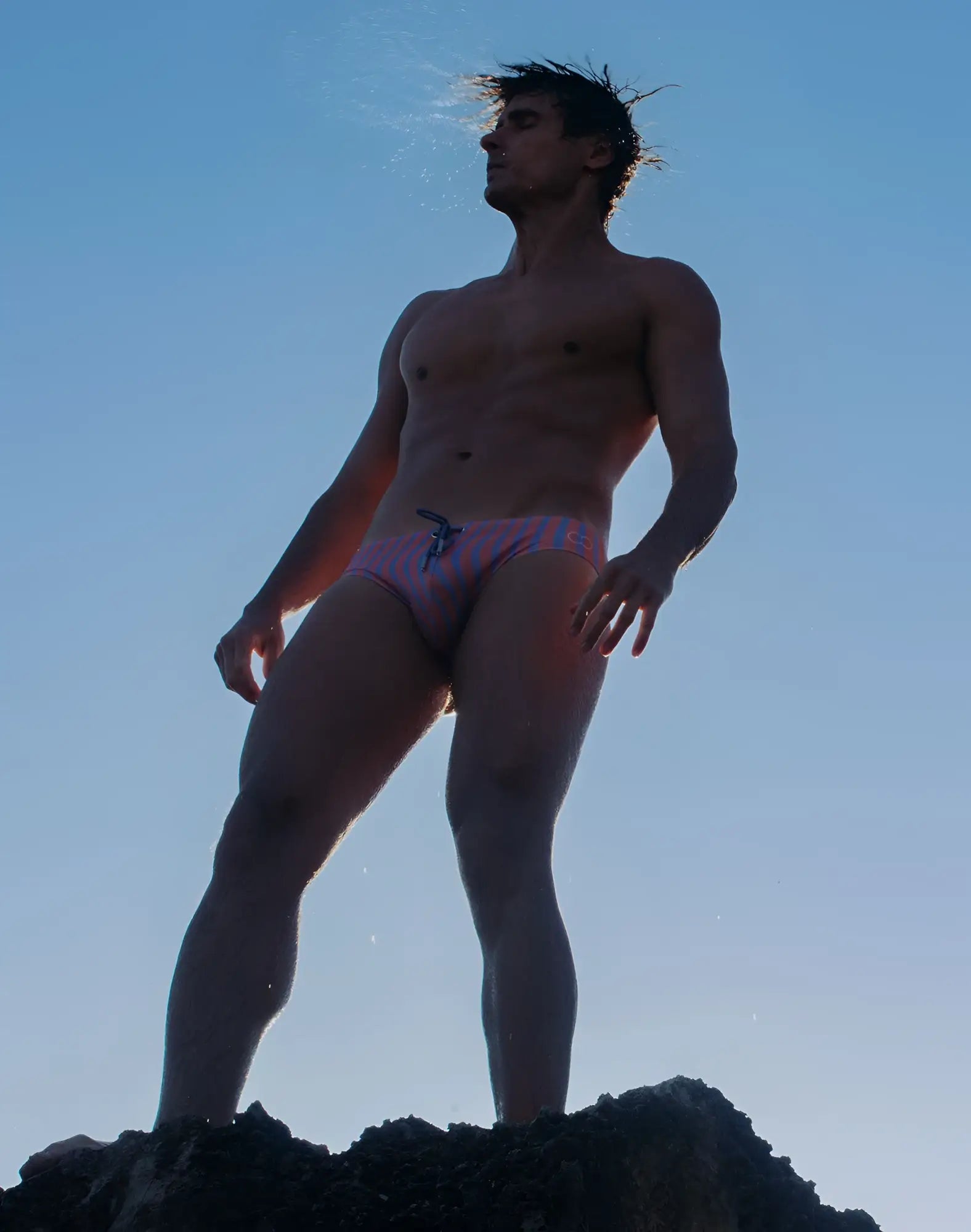 2EROS V10 printed swim brief in pink and blue stripes with drawstring waistband for comfortable swimwear