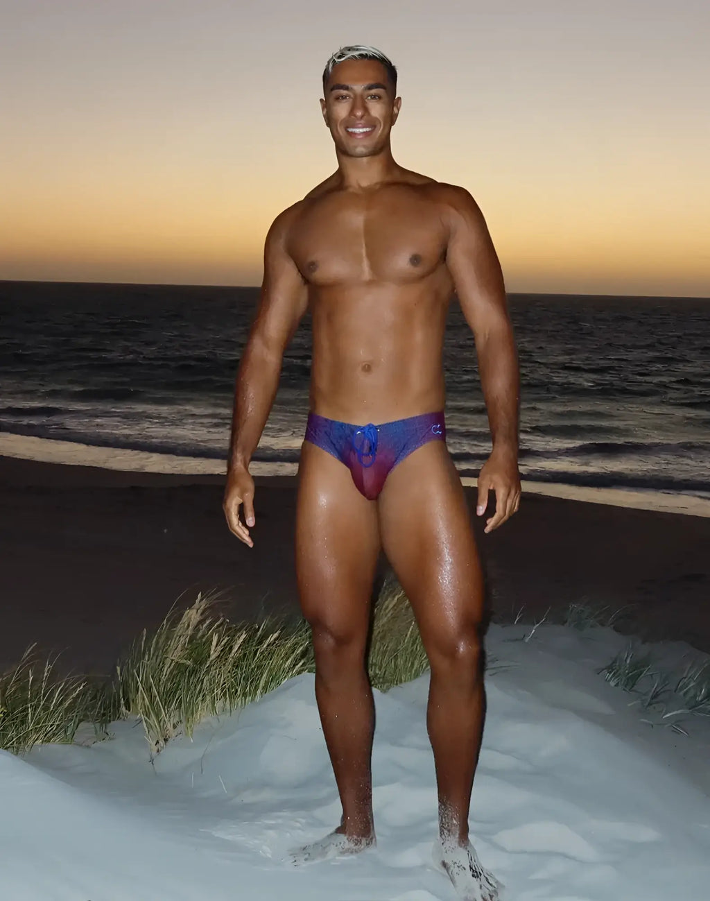 Purple and blue gradient 2EROS V10 printed swim brief with drawstring waistband for comfortable swimming