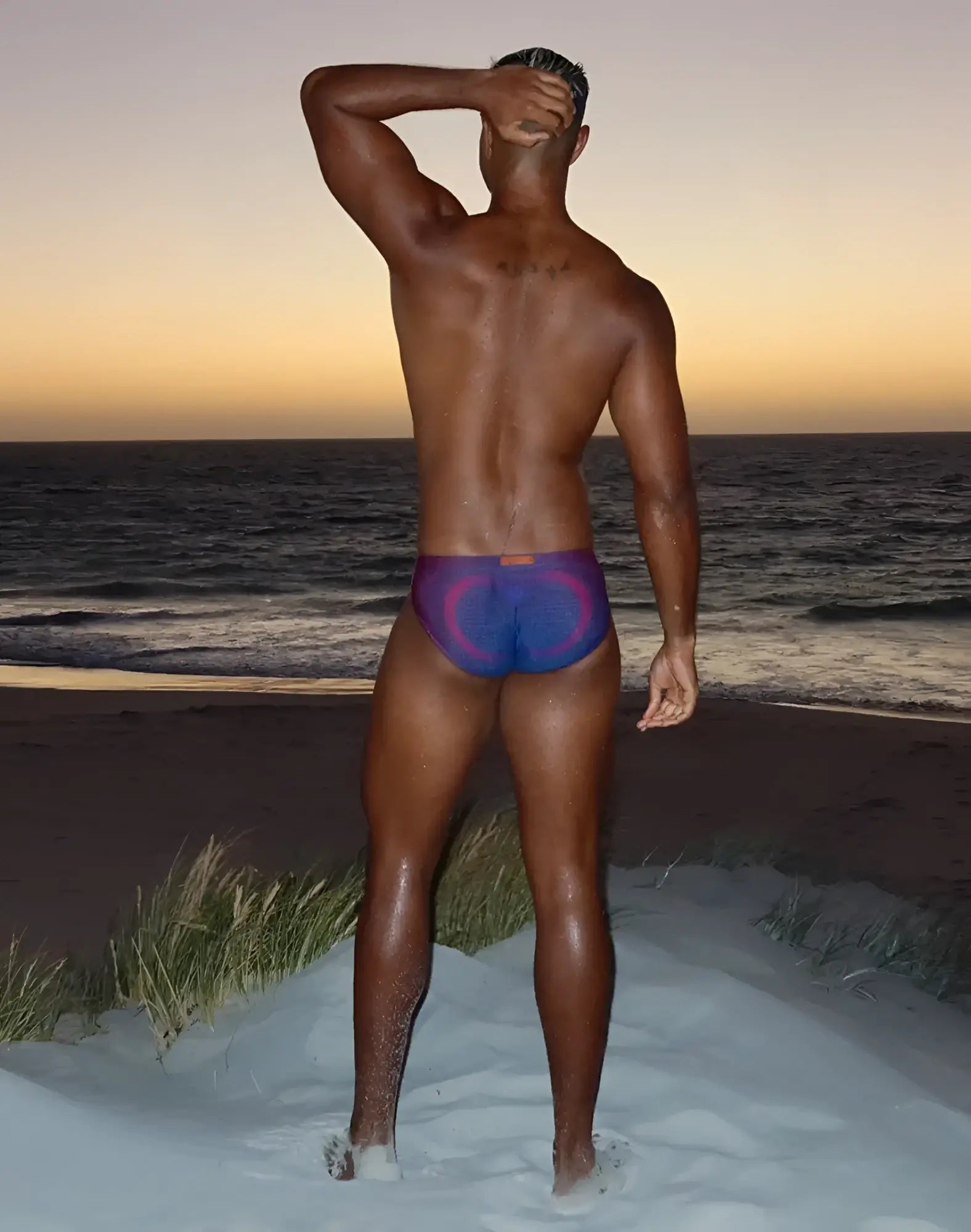 Purple and blue patterned 2EROS V10 printed swim brief with heart design for stylish swimwear use