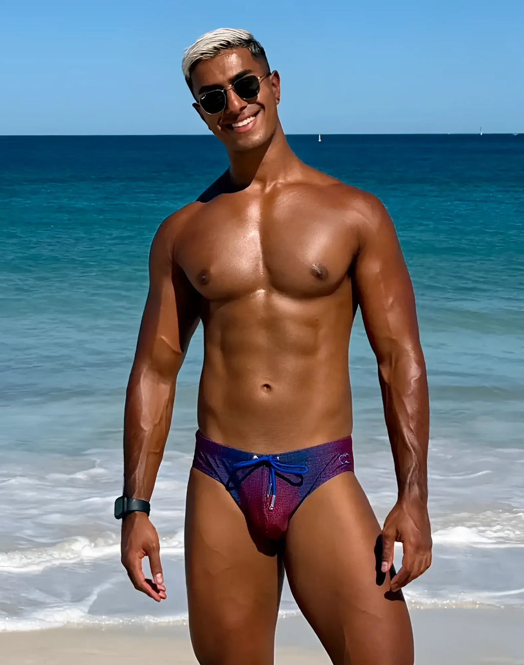 Purple and blue shimmering 2EROS V10 Printed Swim Brief Pixelpop swim trunks with matching drawstring front view