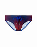 2EROS V10 printed swim brief in vibrant blue to red gradient with bold blue drawstrings and white inner lining