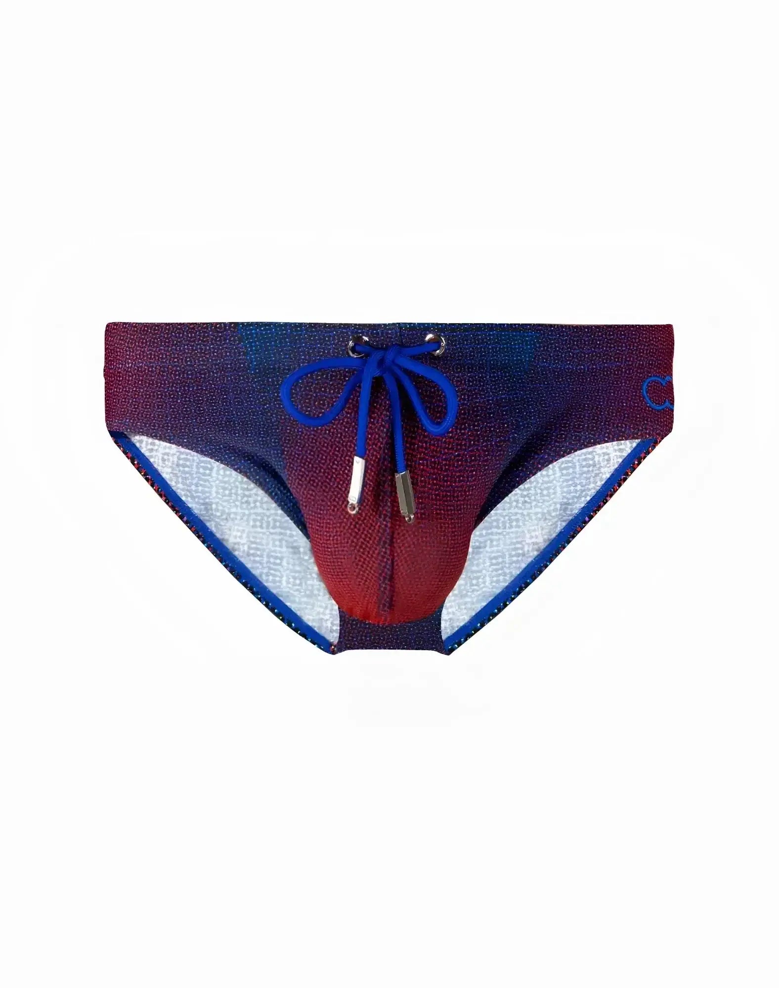 2EROS V10 printed swim brief in vibrant blue to red gradient with bold blue drawstrings and white inner lining