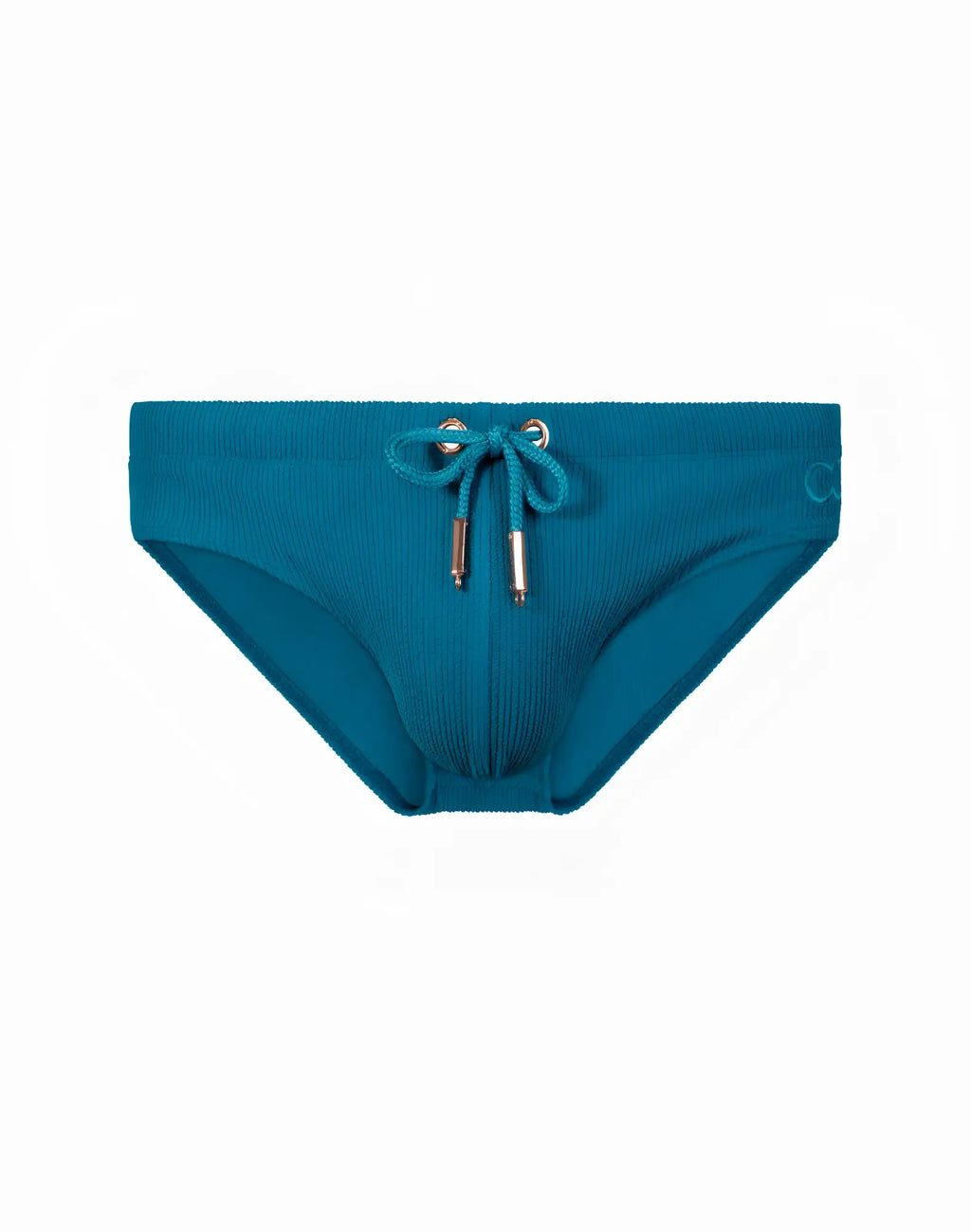 Teal ribbed 2EROS V10 swim briefs with matching drawstring and metallic aglets designed for comfortable swimwear use