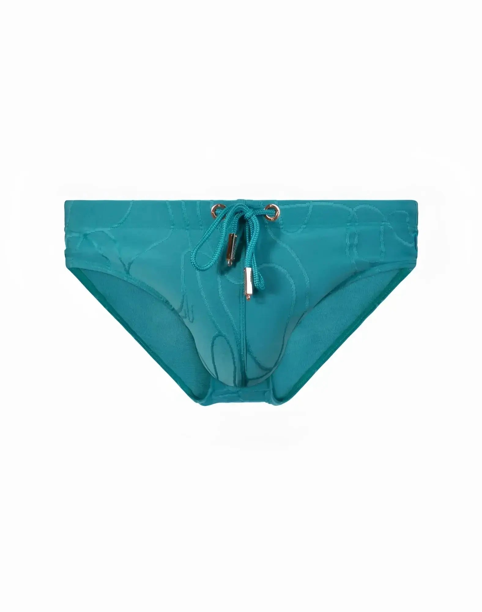 Teal 2eros v10 textured swim brief with subtle embroidered pattern and metallic drawstring hardware in ripple green
