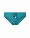 Teal 2eros v10 textured swim brief with subtle embroidered pattern and metallic drawstring hardware in ripple green