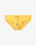 Bright yellow 2EROS V10 textured swim brief with drawstring waist and metallic zipper accents for swimming